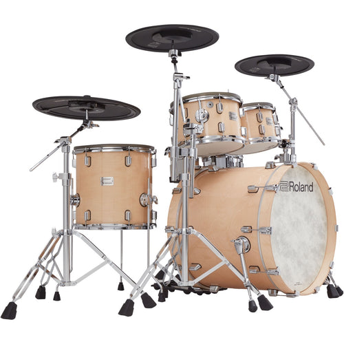 Perspective view of Roland VAD706 V-Drums Acoustic Design 5pc Electronic Drum Set - Gloss Natural showing left side and front