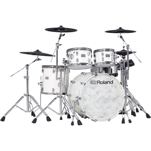 Perspective view of Roland VAD706 V-Drums Acoustic Design 5pc Electronic Drum Set - Pearl White showing front and left side