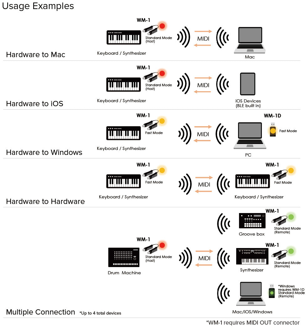 Chart showing multiple ways to connect the WM-1D.