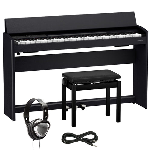 Collage image of the Roland F701 Digital Piano - Contemporary Black COMPLETE HOME BUNDLE