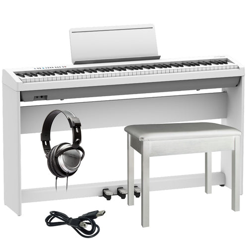 Collage image of the Roland FP-30X Digital Piano - White COMPLETE HOME BUNDLE