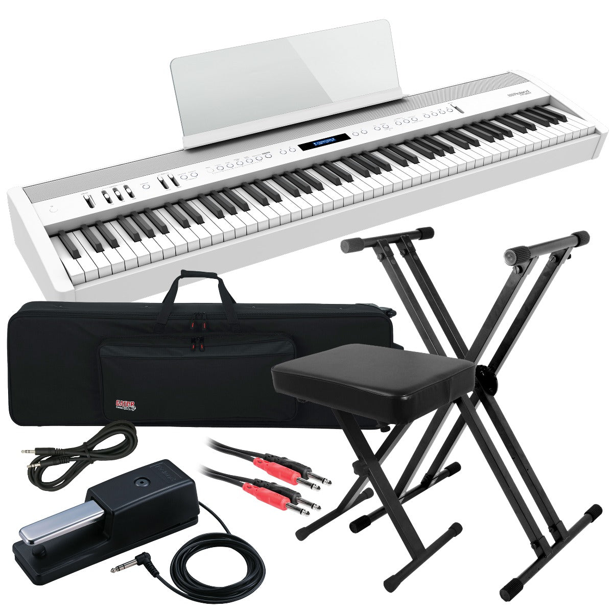 Collage image of the Roland FP-60X Digital Piano - White STAGE ESSENTIALS BUNDLE