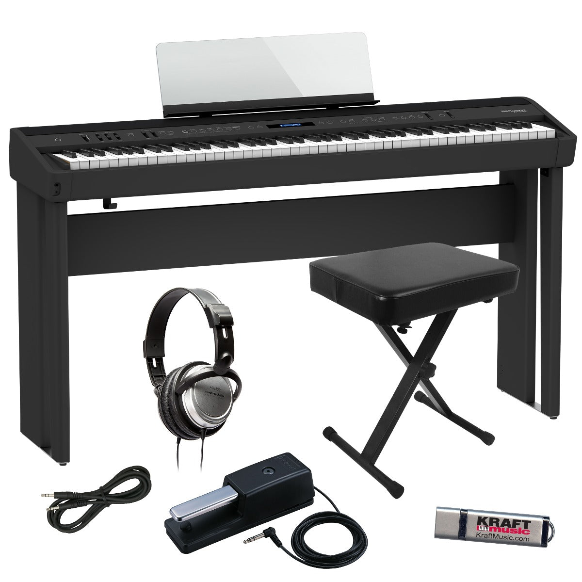 Collage image of the Roland FP-90X Digital Piano - Black HOME ESSENTIALS BUNDLE