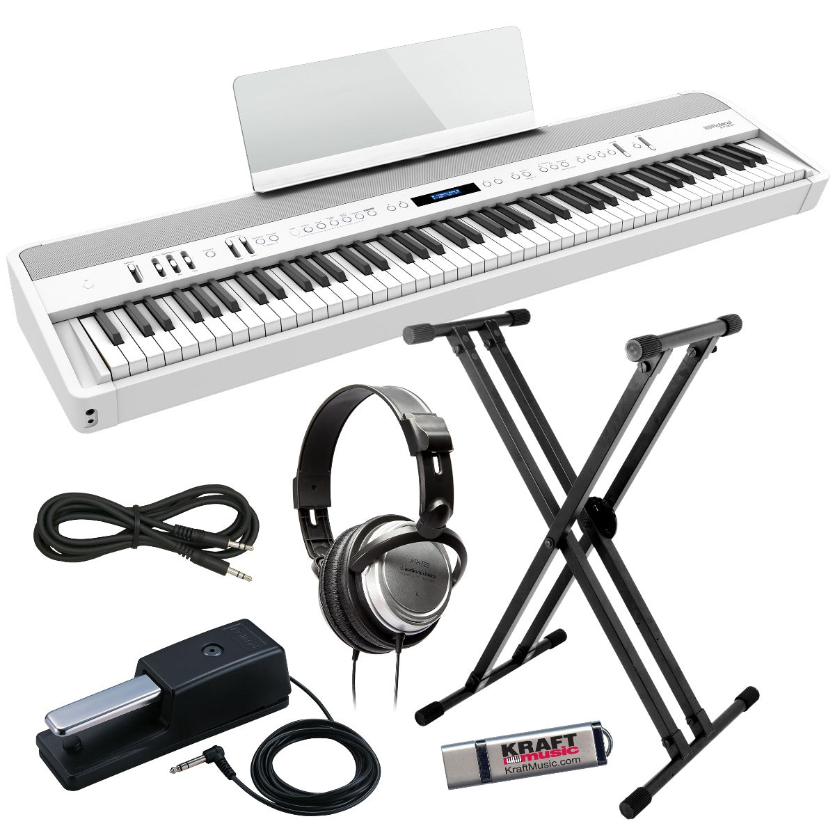 Collage image of the Roland FP-90X Digital Piano - White KEY ESSENTIALS BUNDLE