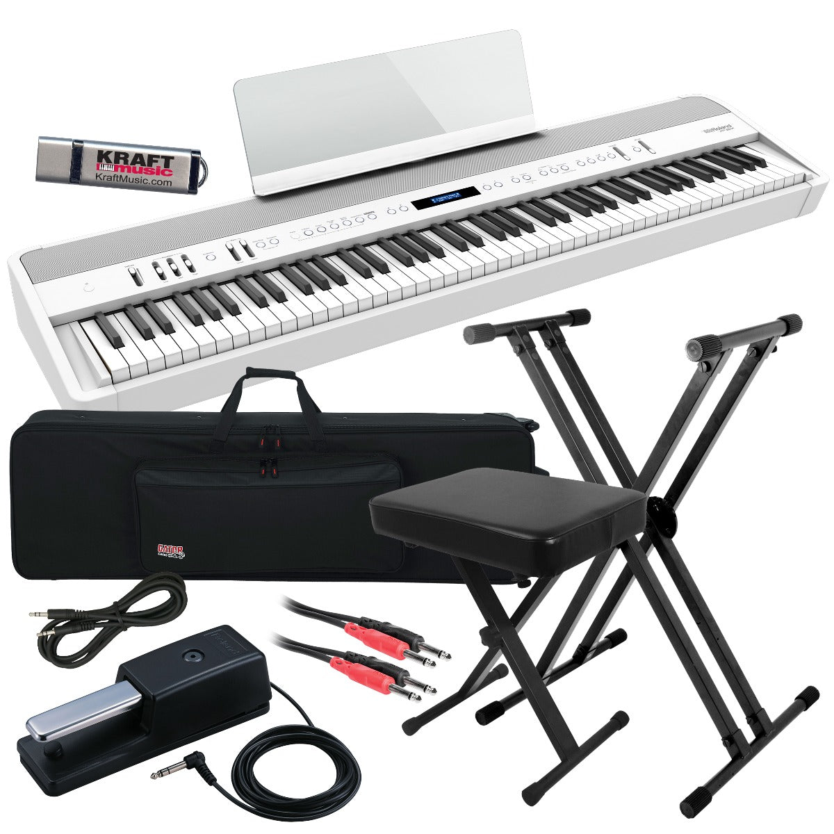 Collage image of the Roland FP-90X Digital Piano - White STAGE ESSENTIALS BUNDLE
