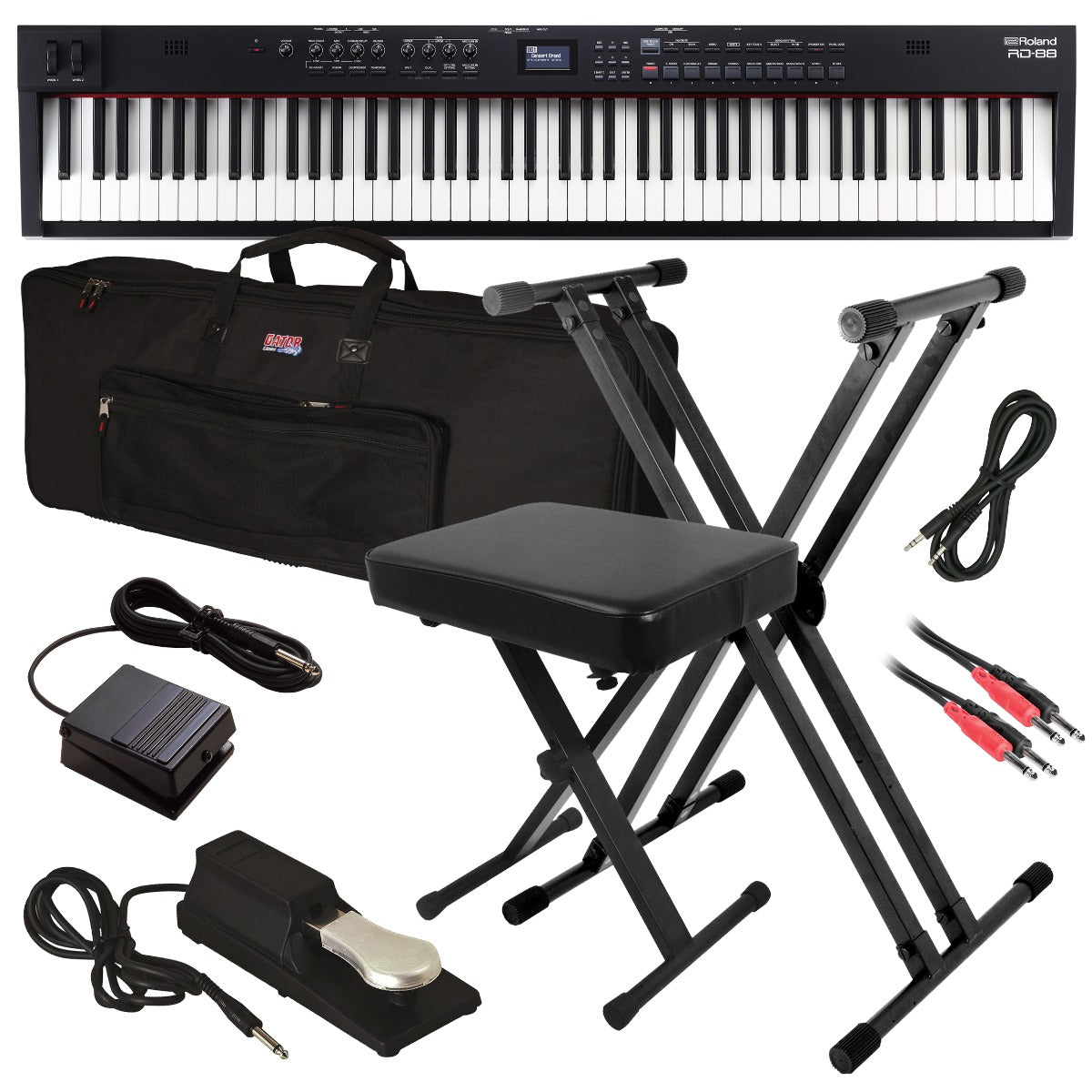 Collage image of the Roland RD-88 Stage Piano STAGE ESSENTIALS BUNDLE