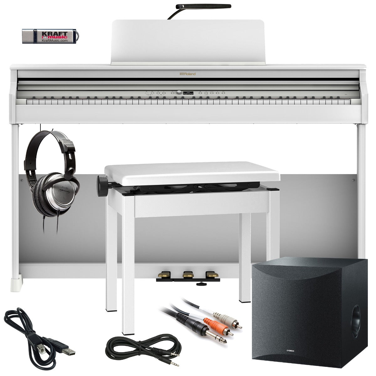 Collage image of the Roland RP701 Digital Piano - White COMPLETE HOME BUNDLE PLUS bundle