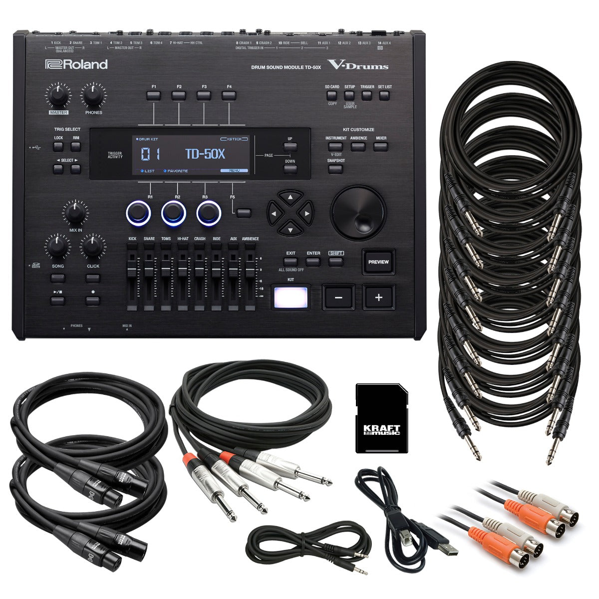 Collage image of the Roland TD-50X V-Drums Sound Module CABLE KIT bundle