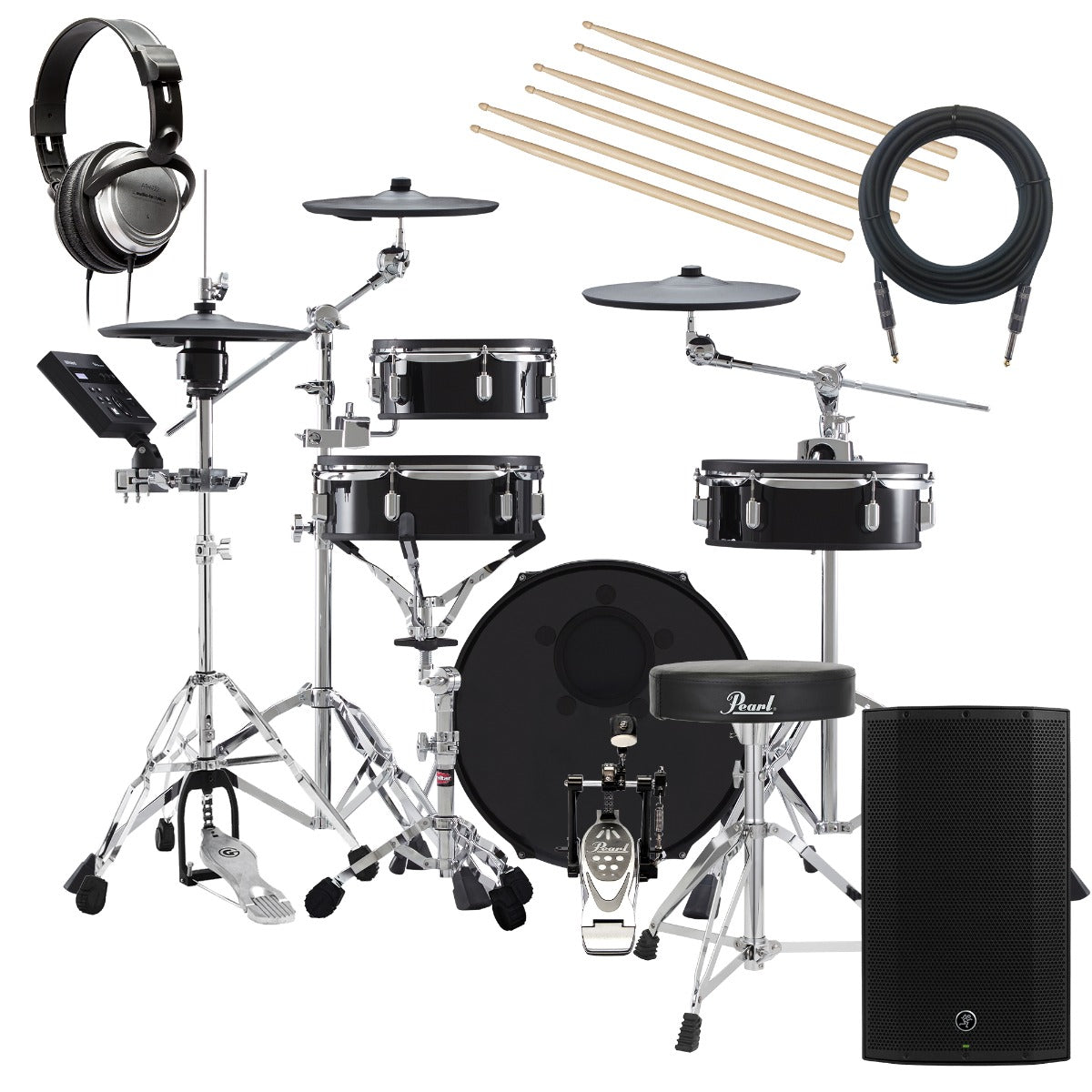 Collage of items in the Roland VAD103 V-Drums Acoustic Design 4pc Kit COMPLETE DRUM BUNDLE