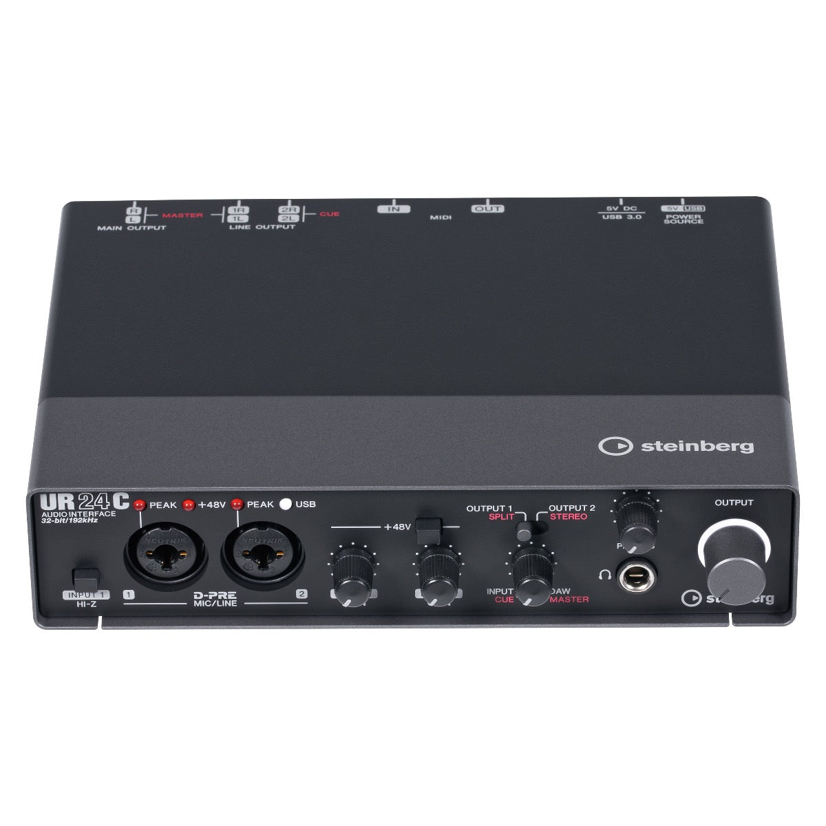Perspective view of Steinberg UR24C USB Audio Interface showing top and front