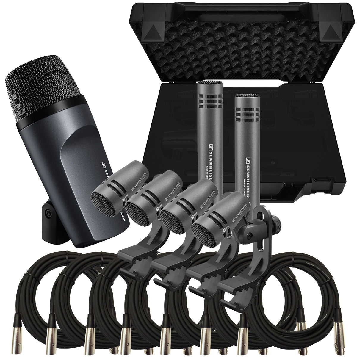 Collage of the components in the Sennheiser Evolution e600 Series Drum Mic Set with Case CABLE KIT bundle