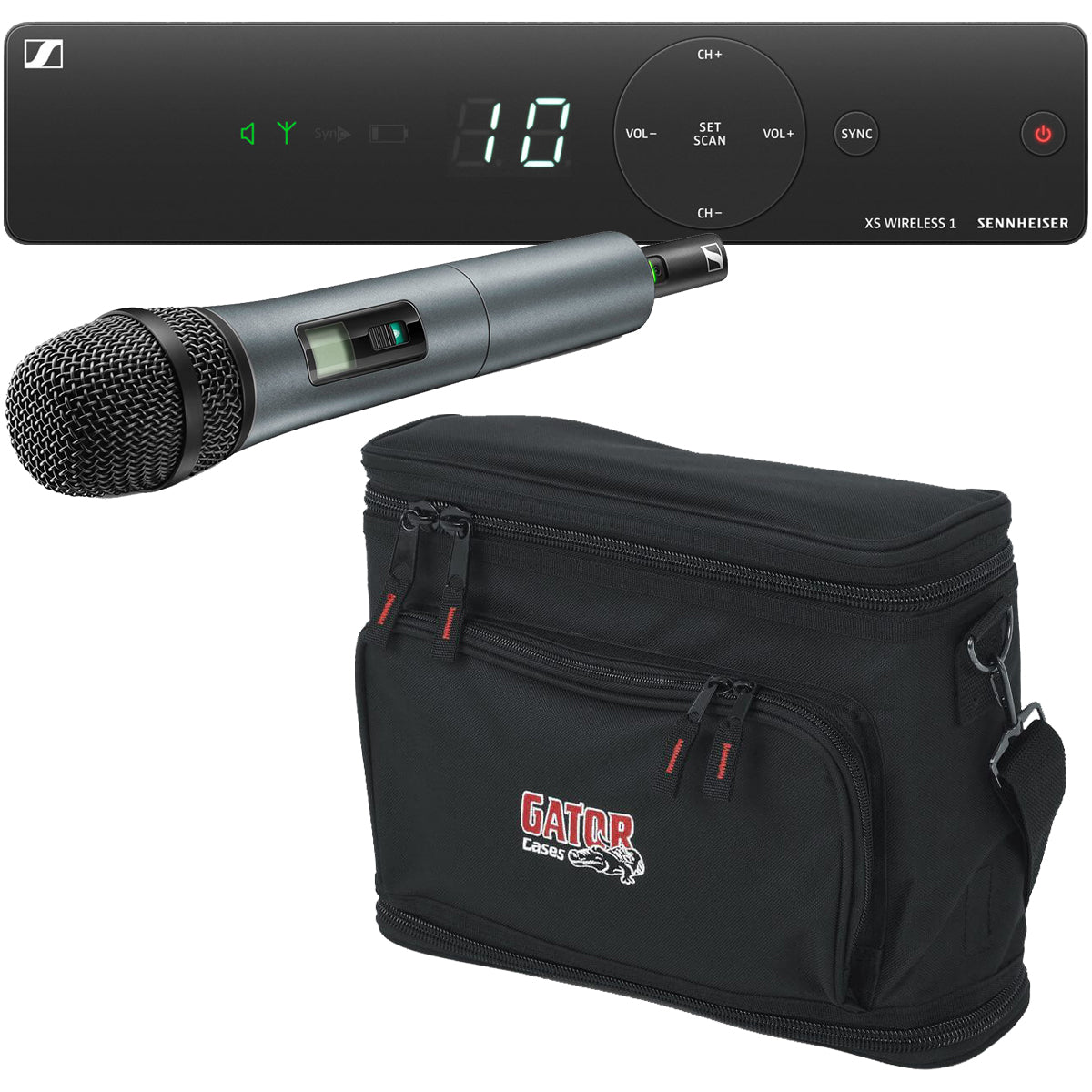 Collage of everything thats included in the Sennheiser XSW 1-825-A Wireless Vocal Microphone System CARRY BAG KIT