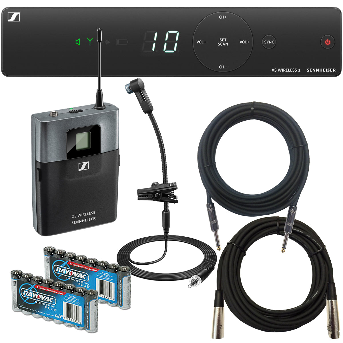 Collage of everything that is included in the Sennheiser XSW 1-908-A Wireless Instrument mic System BONUS PAK