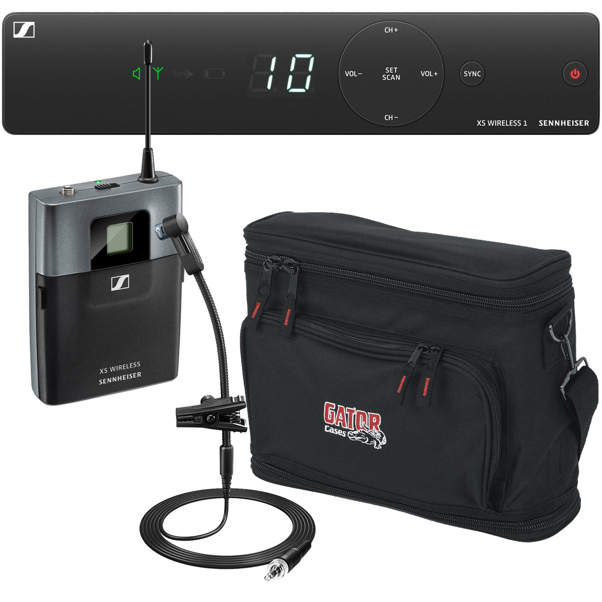 Collage of everything that is included in the Sennheiser XSW 1-908-A Wireless Instrument mic System CARRY BAG KIT