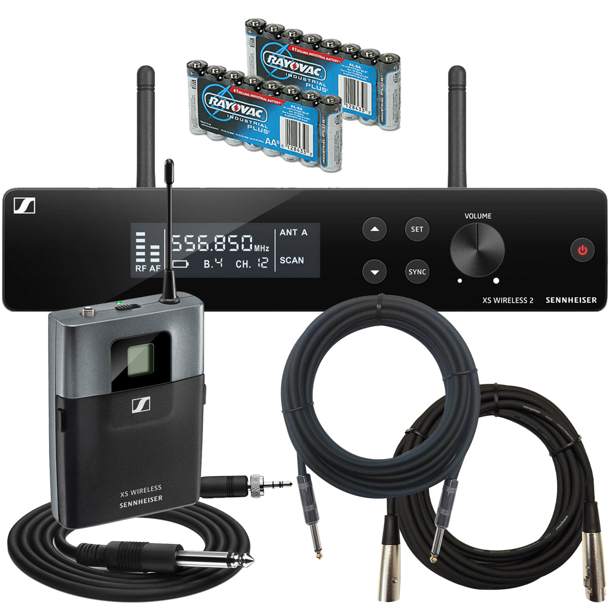 Collage of everything included in the Sennheiser XSW 2-CI1-A Wireless Guitar System BONUS PAK