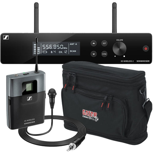 Collage of everything included in the Sennheiser XSW 2-ME2-A Wireless Lavalier System CARRY BAG KIT