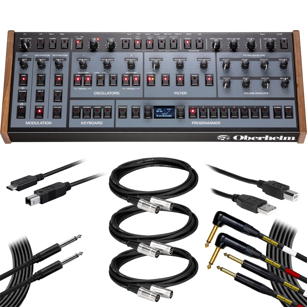 Collage showing components in Oberheim OB-X8 Desktop Module Polyphonic Analog Synthesizer CABLE KIT