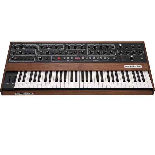 Perspective view of Sequential Prophet-10 Polyphonic Analog Keyboard Synthesizer showing top and front