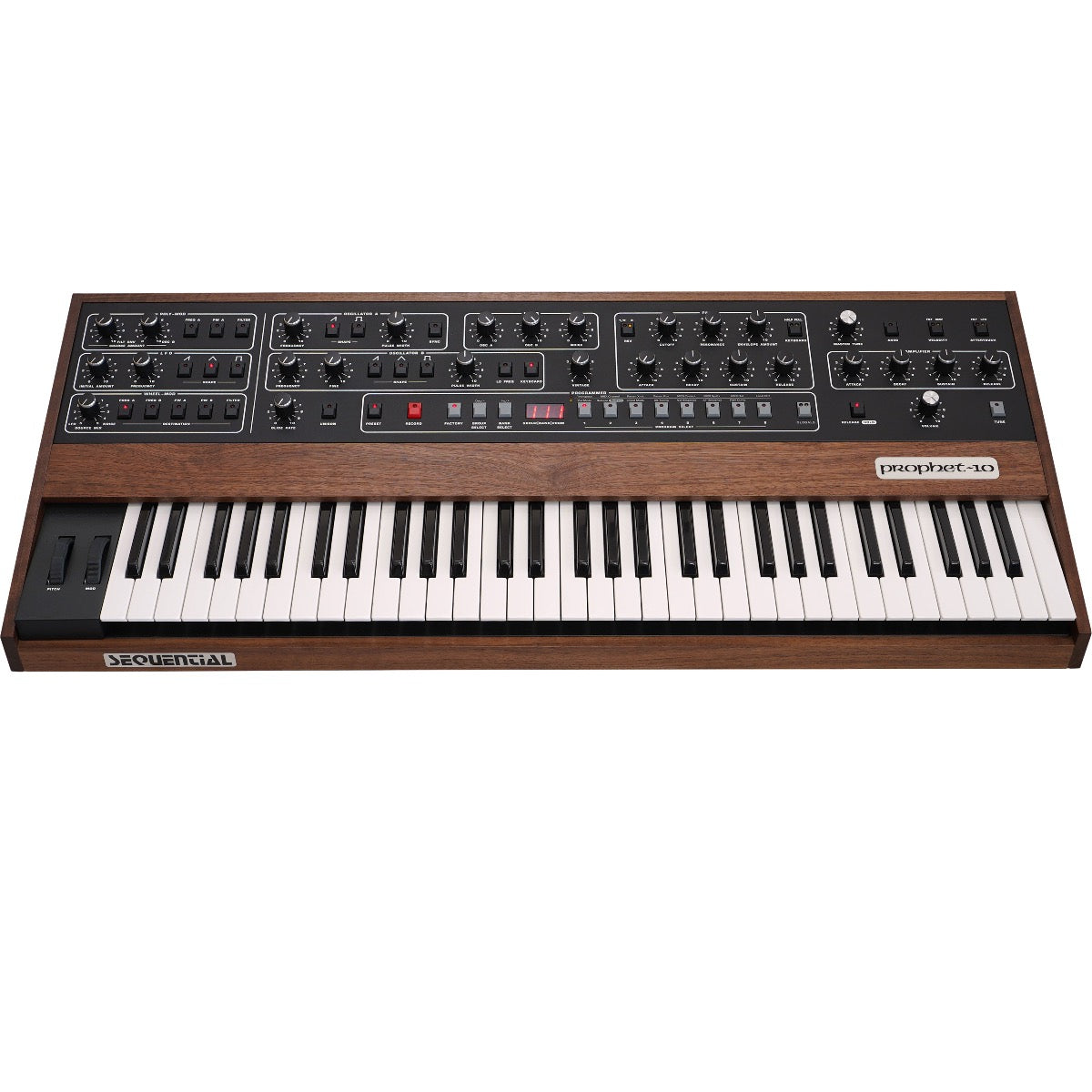 Perspective view of Sequential Prophet-10 Polyphonic Analog Keyboard Synthesizer showing top and front
