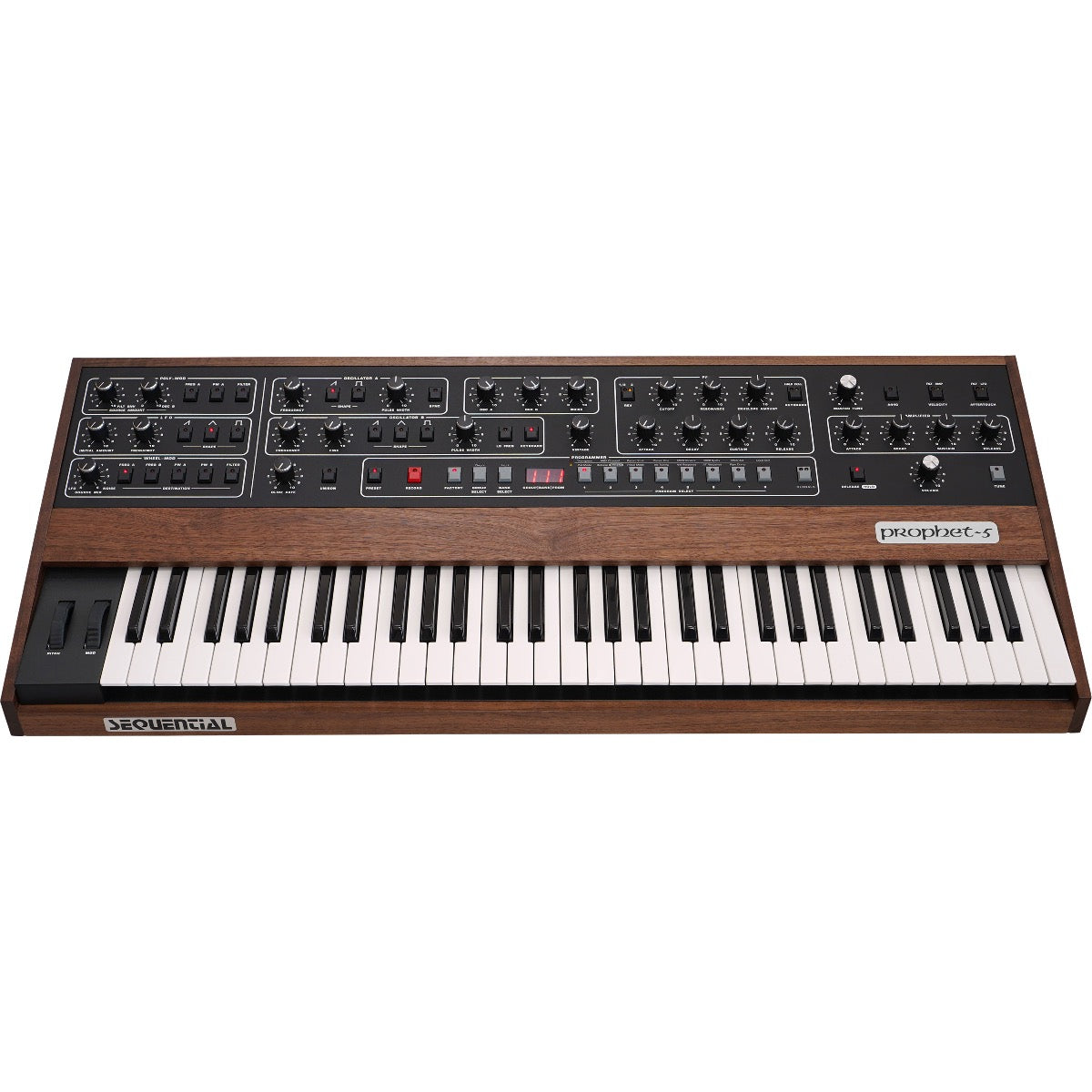 Perspective view of Sequential Prophet-5 Polyphonic Analog Keyboard Synthesizer showing top and front