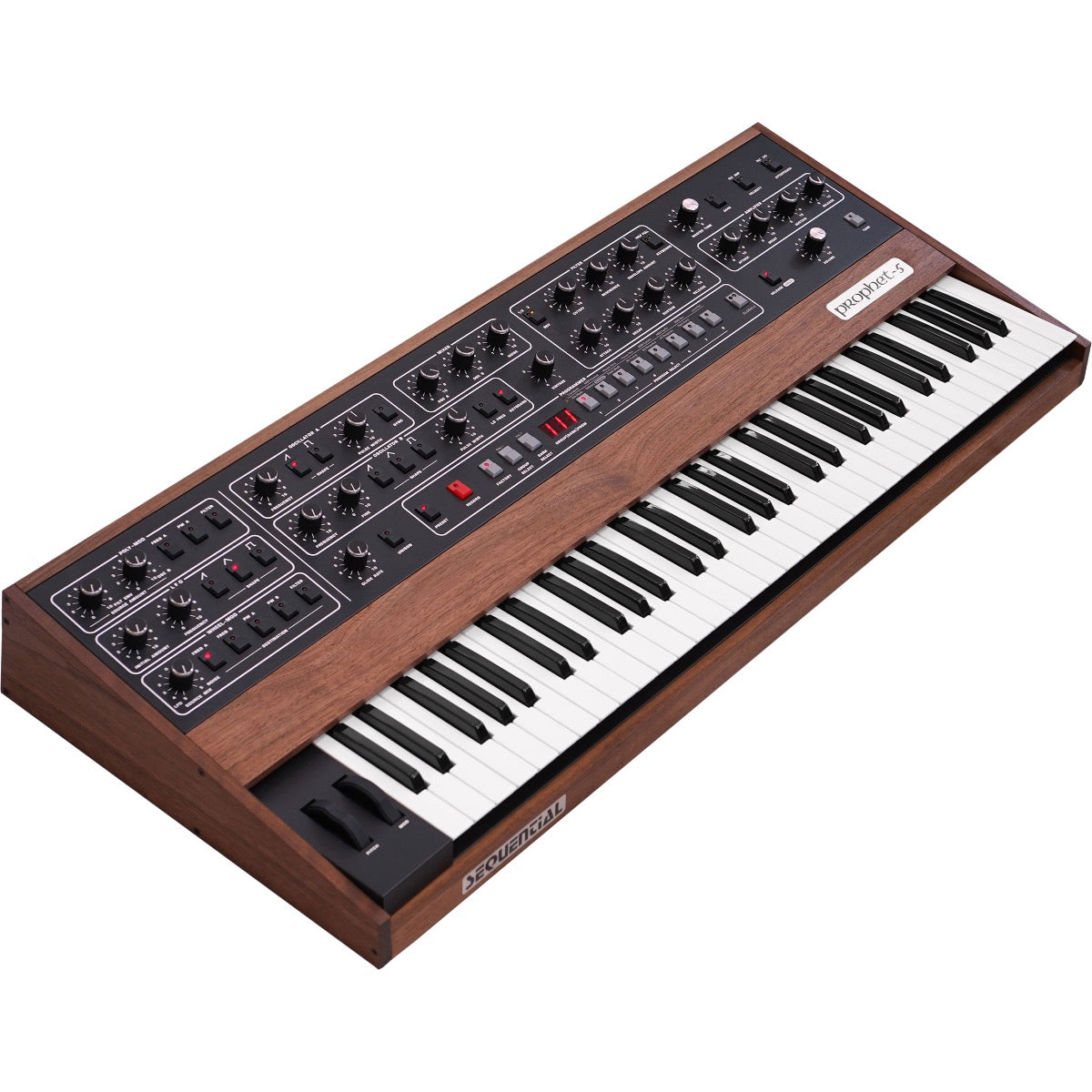 3/4 view of Sequential Prophet-5 Polyphonic Analog Keyboard Synthesizer showing top, front and left side