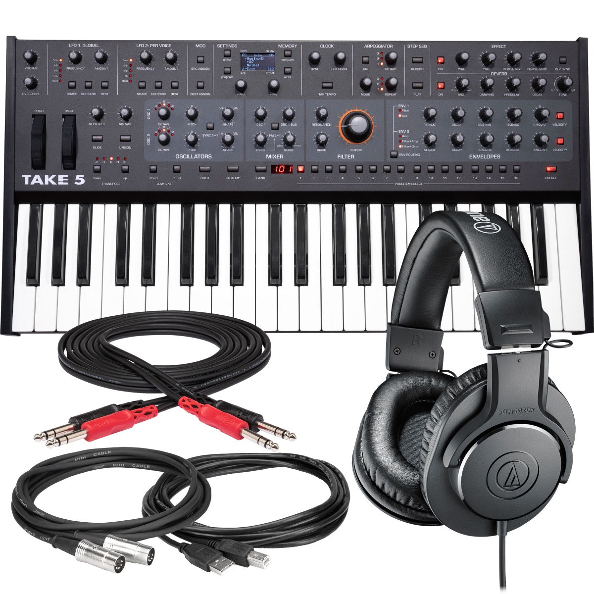 Bundle collage showing components in Sequential Take 5 Compact 5-Voice Polyphonic Synthesizer STUDIO KIT bundle