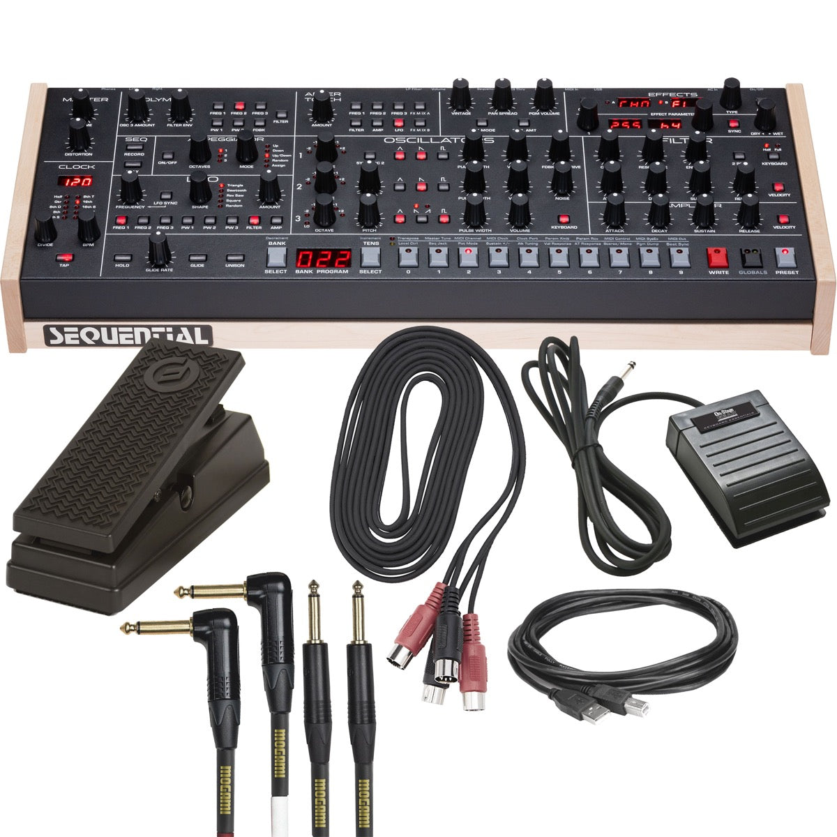 Collage showing components in Sequential Trigon-6 Desktop Module Polyphonic Analog Synthesizer CABLE KIT