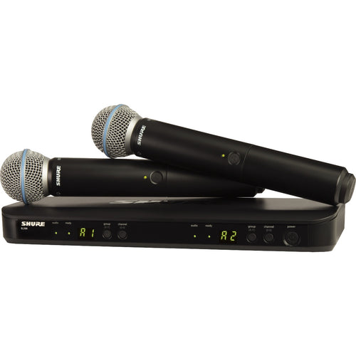 Image of Shure BLX288/B58 Dual Handheld Wireless Vocal System showing two handheld microphone transmitters with B58A capsules and BLX wireless receiver