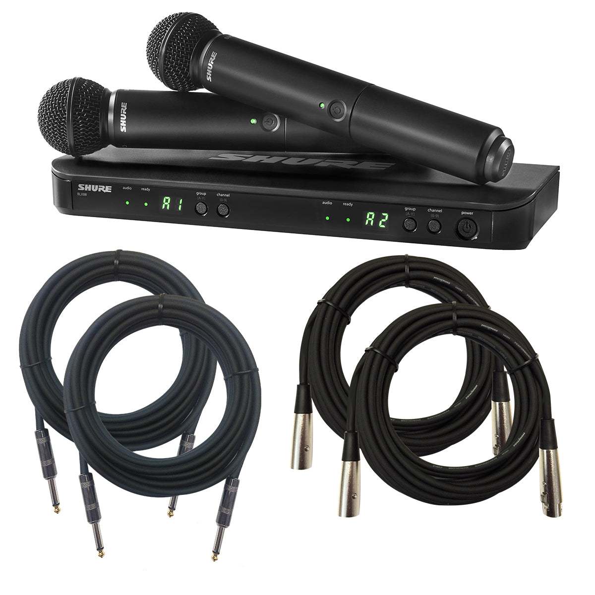 Collage image of the Shure BLX288/SM58BK Dual Wireless Vocal System - Ltd Edition Black CABLE KIT