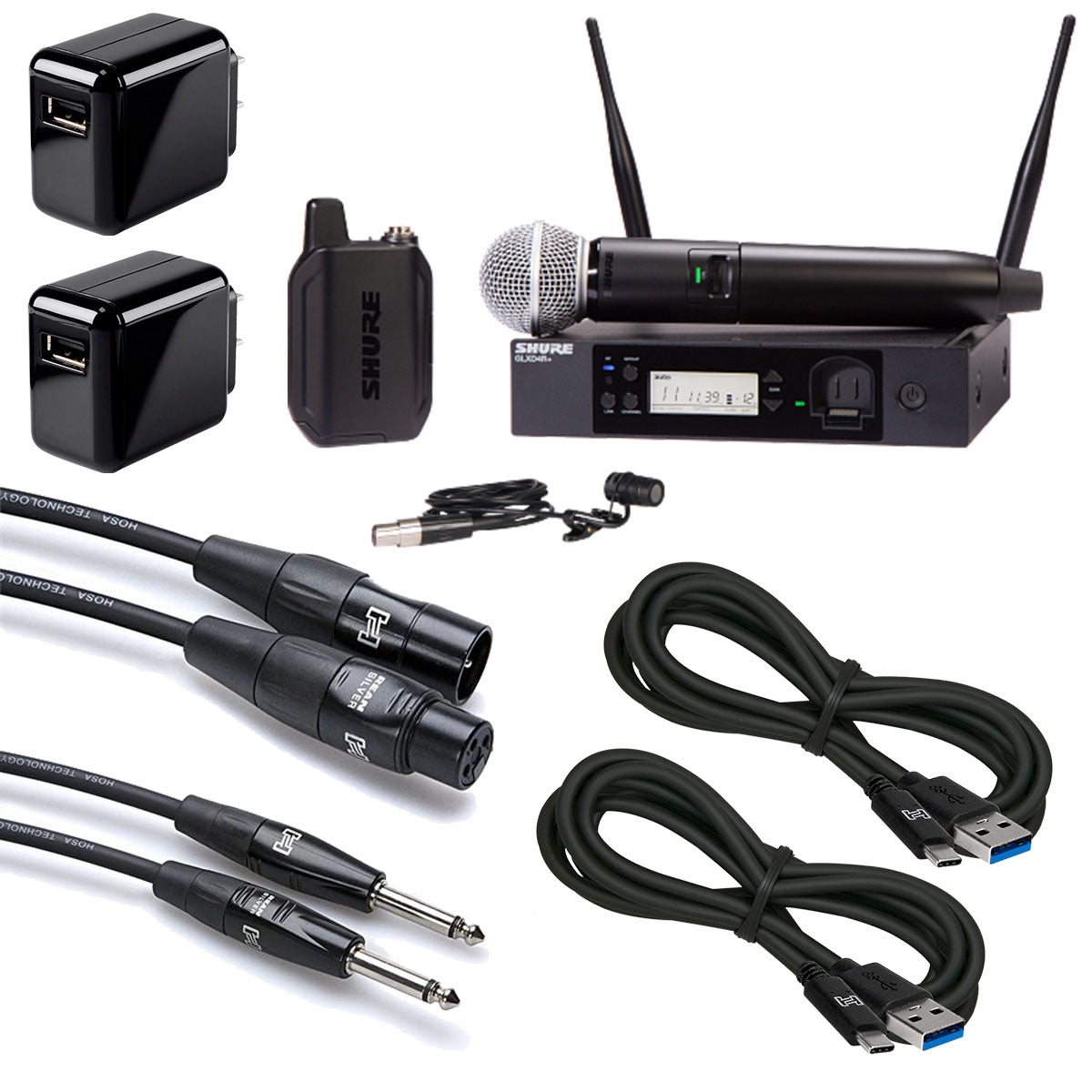 Collage image of the Shure GLXD124R+/85 Combo System with SM58 and WL185 Lavalier Mic CABLE KIT
