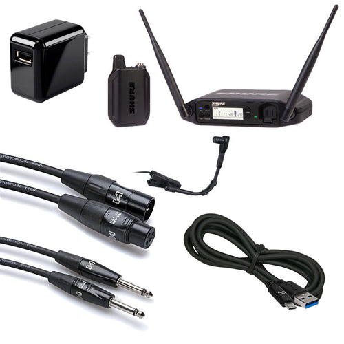 Collage image of the Shure GLXD14+B98 Instrument system with Beta 98 microphone CABLE KIT