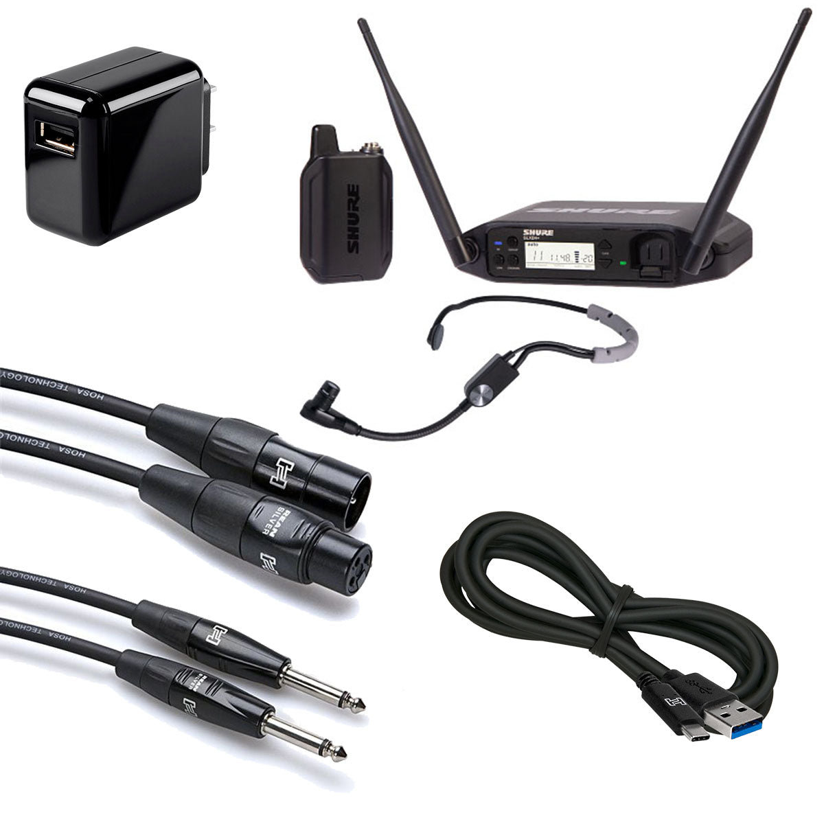 Collage image of the Shure GLXD14+SM35 Headset system with SM35 microphone CABLE KIT
