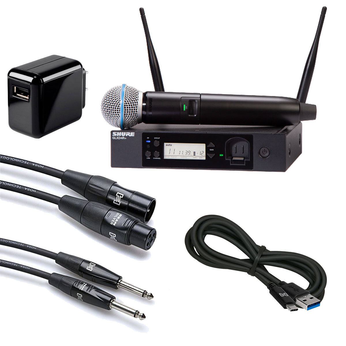 Collage image of the Shure GLXD24R+B58 Vocal Rack system with BETA58A microphone CABLE KIT