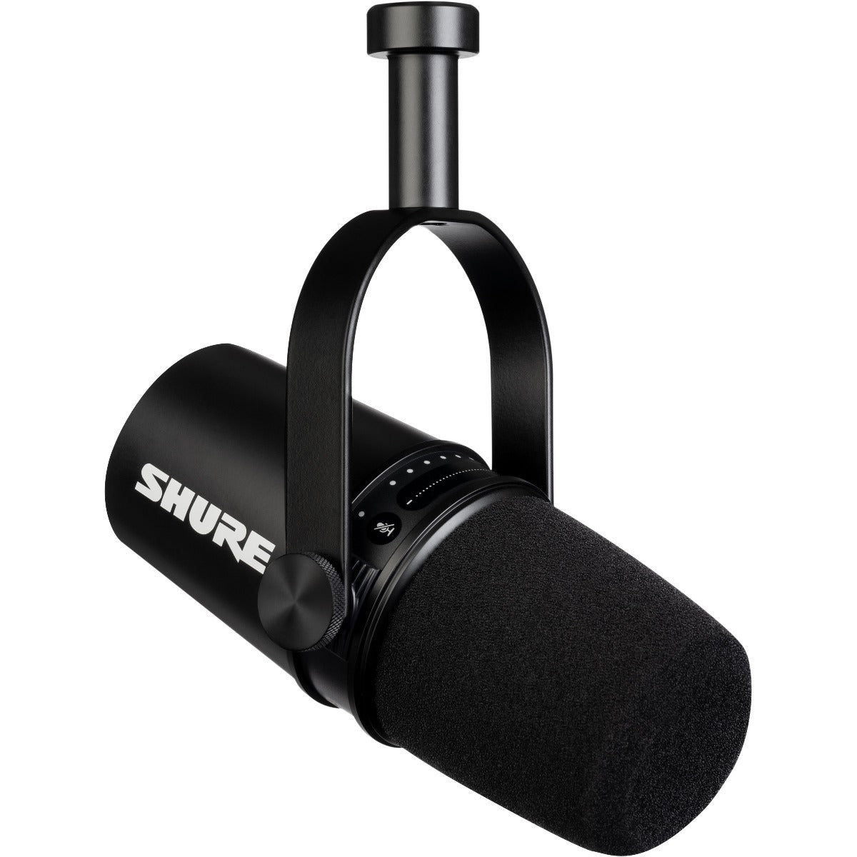 3/4 view of Shure MV7 Podcast Microphone - Black with integrated yoke in boom position showing front, top and left side
