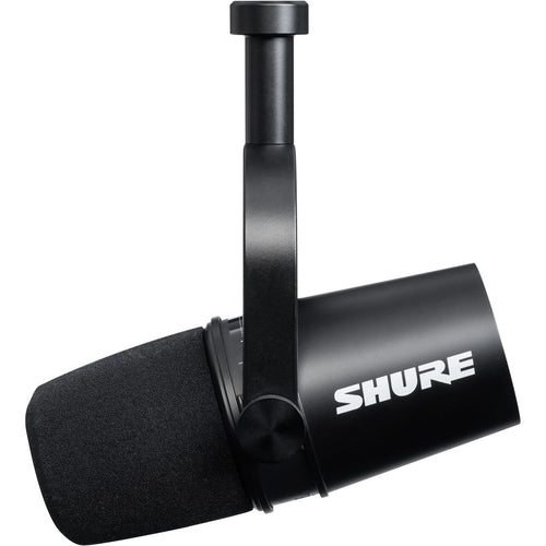 Right side view of Shure MV7 Podcast Microphone - Black with integrated yoke in boom position