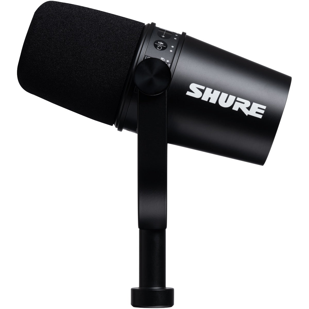 Right side view of Shure MV7 Podcast Microphone - Black with integrated yoke in stand position