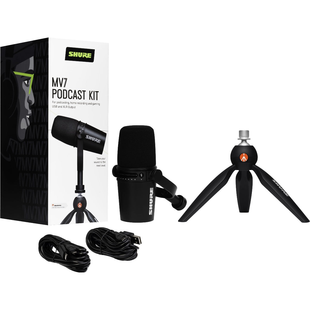 Shure MV7 Podcast Microphone Kit with Manfrotto Desktop Tripod