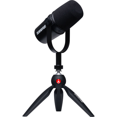 Perspective view of Shure MV7 Podcast Microphone Kit with Manfrotto Desktop Tripod showing front and left side