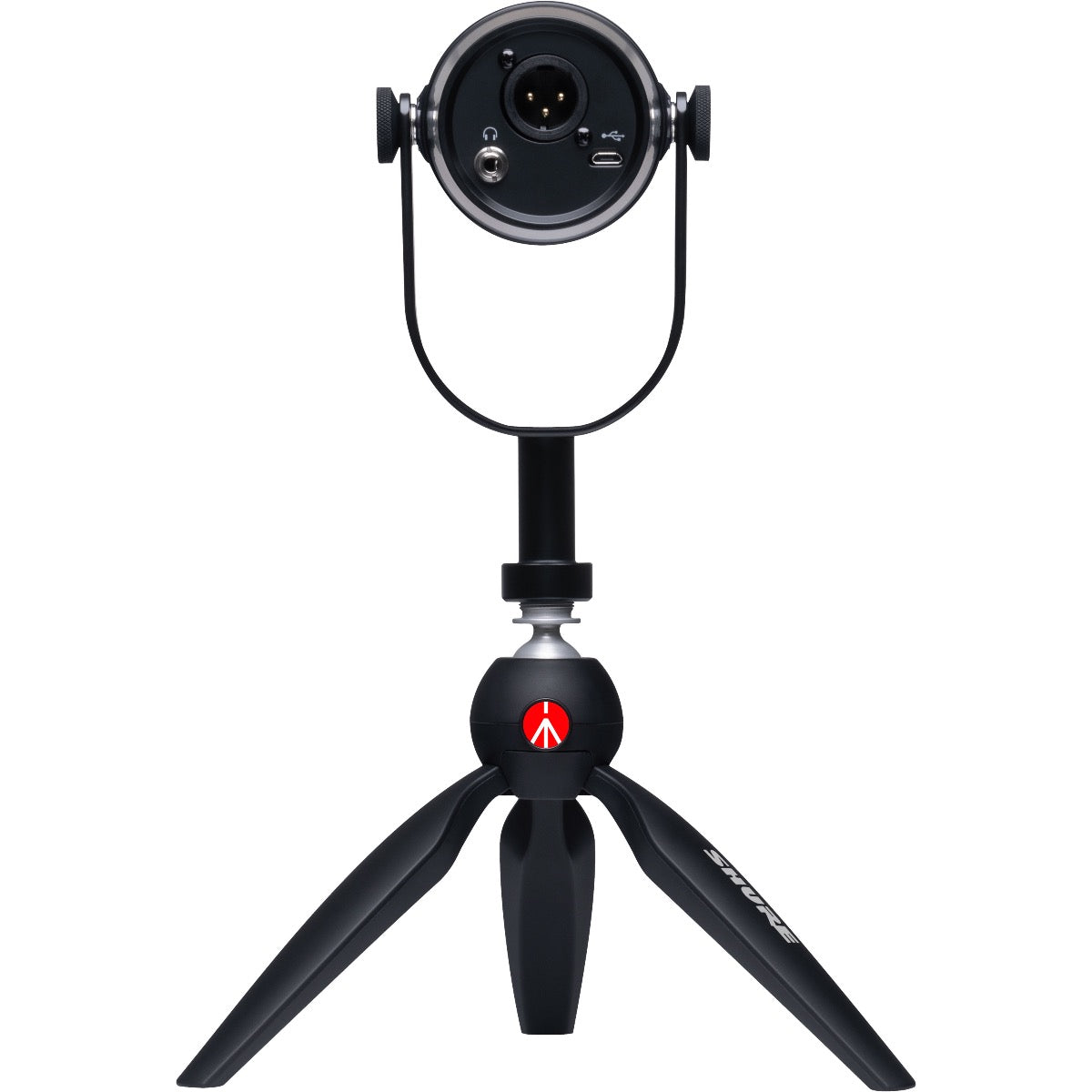 Rear view of Shure MV7 Podcast Microphone Kit with Manfrotto Desktop Tripod