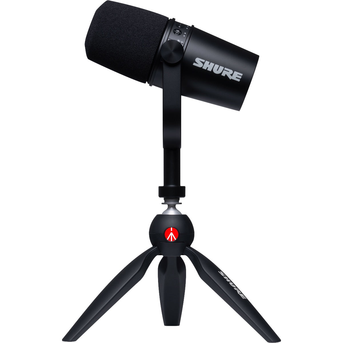 Right side view of Shure MV7 Podcast Microphone Kit with Manfrotto Desktop Tripod