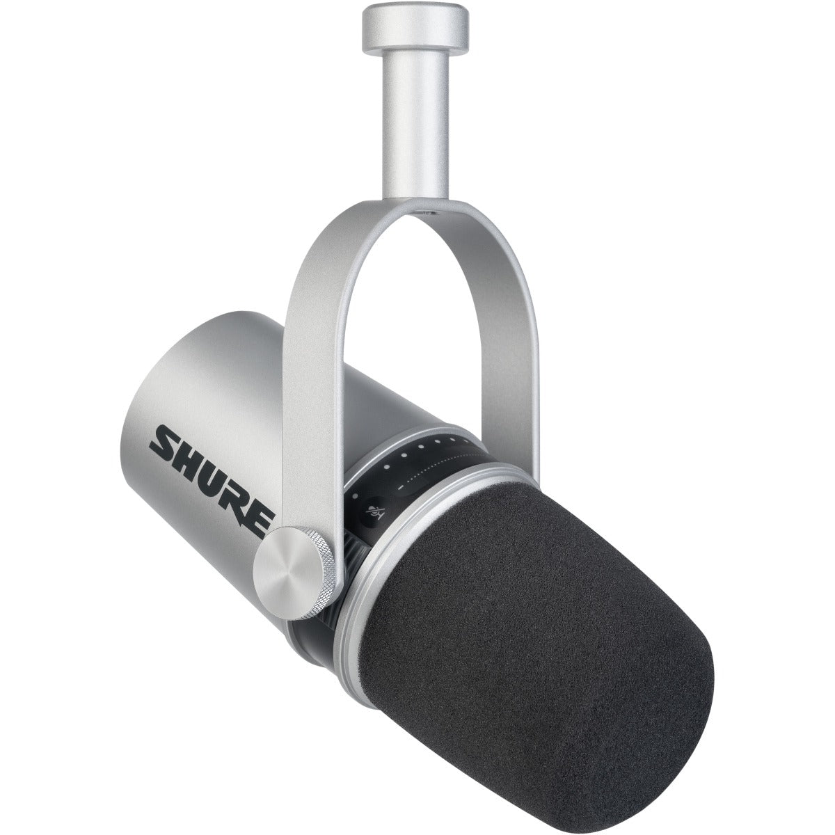 3/4 view of Shure MV7 Podcast Microphone - Silver with integrated yoke in boom position showing front, top and left side