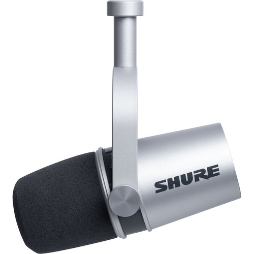 Right side view of Shure MV7 Podcast Microphone - Silver with integrated yoke in boom position