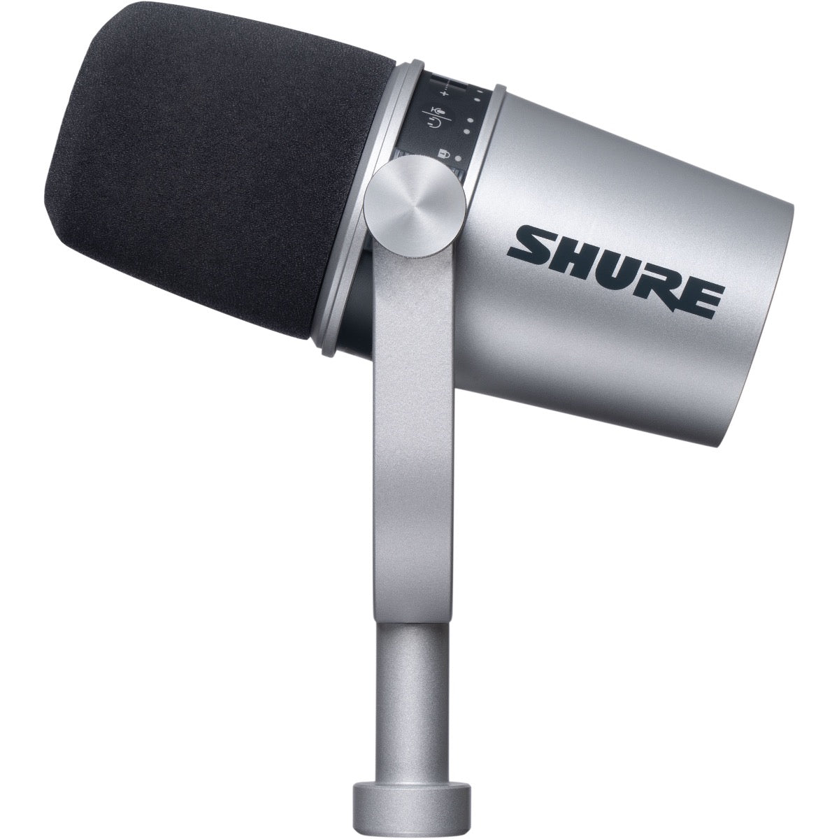 Right side view of Shure MV7 Podcast Microphone - Silver with integrated yoke in stand position