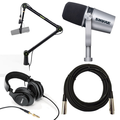 Bundle image collage of Shure MV7 Podcast Microphone - Silver STUDIO KIT bundle
