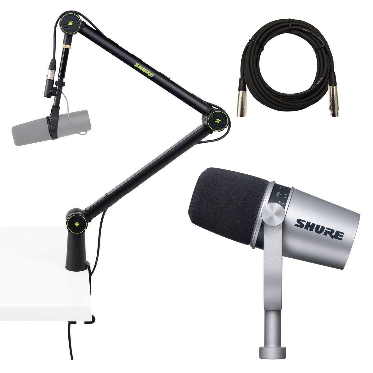 Collage image of the Shure MV7 Podcast Microphone - Silver PODCAST PAK