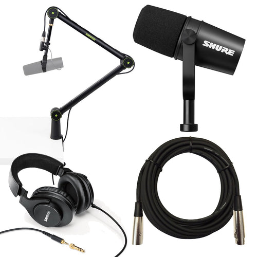 Collage showing the components in the Shure MV7X Podcast Microphone STUDIO KIT bundle