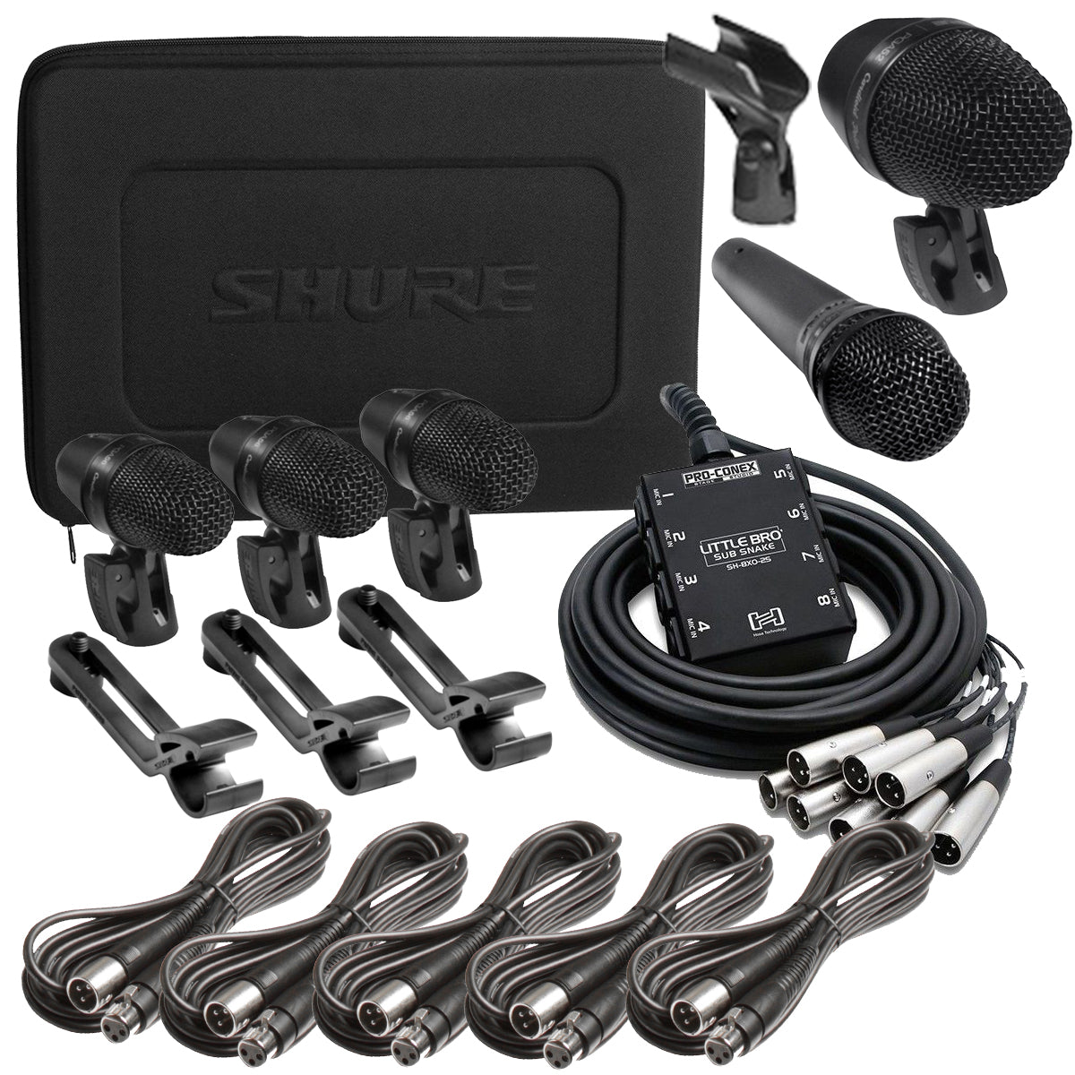Collage of items in the Shure PGADRUMKIT5 Drum Microphone Kit SUB SNAKE RIG