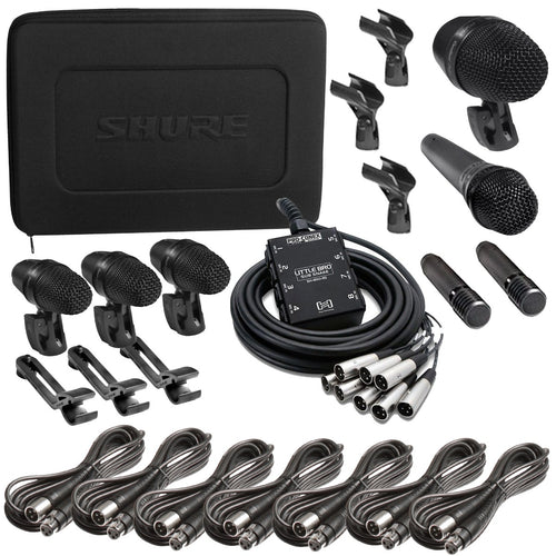 Collage of items included in the Shure PGADRUMKIT7 Drum Microphone Kit SUB SNAKE RIG