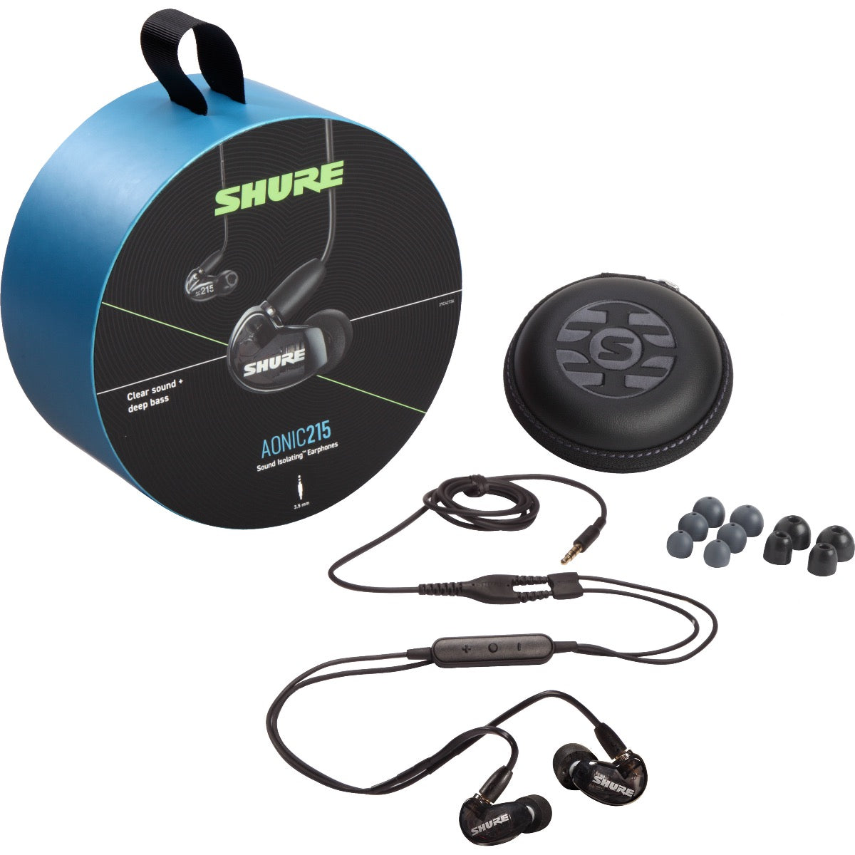 3/4 view of Shure AONIC 215 Sound Isolating Earphones - Black packaging and components showing top, front and left sides