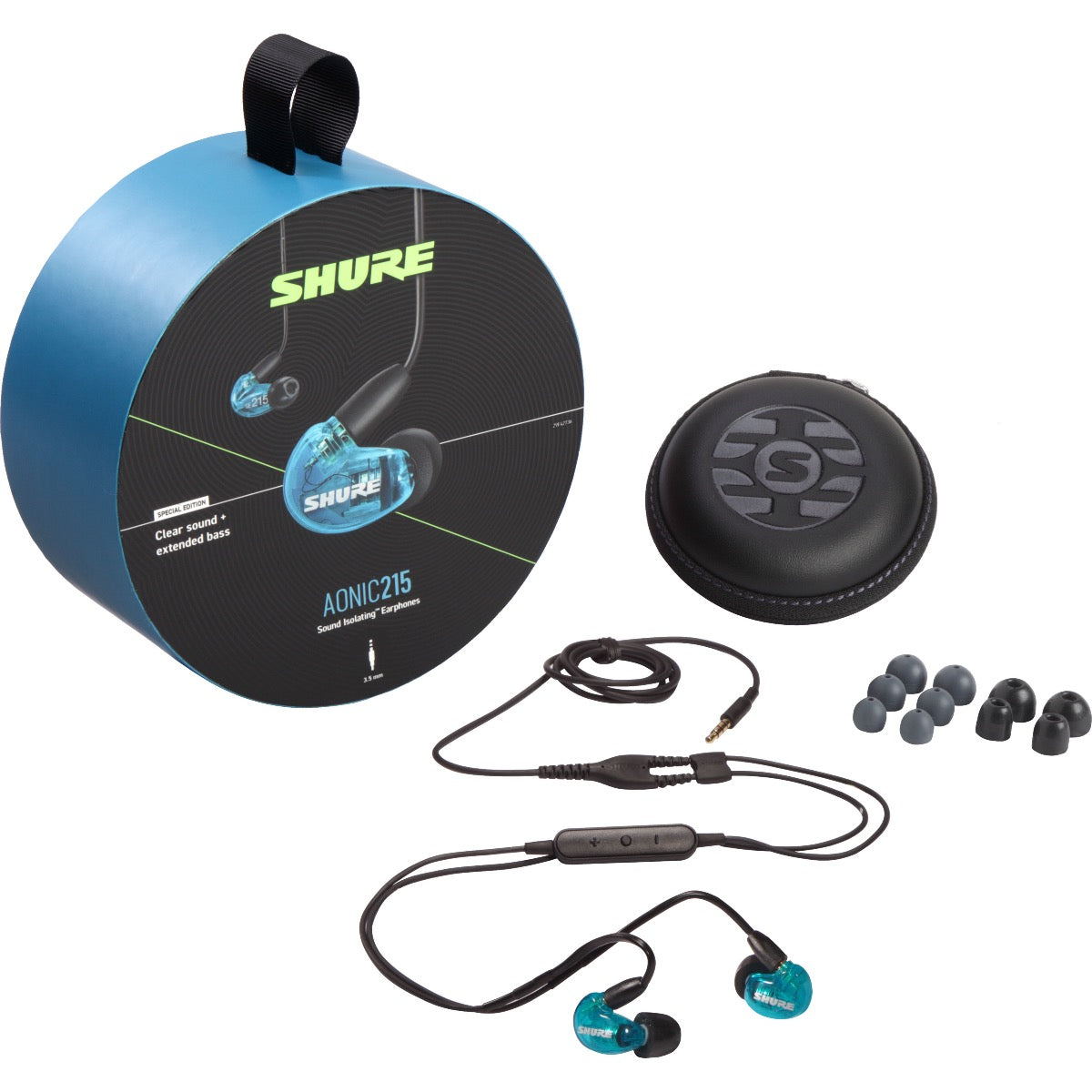 3/4 view of Shure AONIC 215 Sound Isolating Earphones - Blue packaging and components showing top, front and left sides